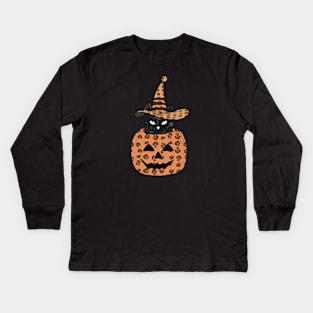 Leopard Pumpkin Black Cat Kids Long Sleeve T-Shirt